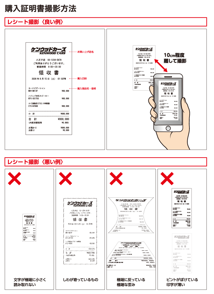 購入証明書撮影方法。レシート撮影〈良い例〉お買い上げ店名・購入日時・購入商品名・価格が読み取れるように10cm程度離して撮影。〈悪い例〉文字が極端に小さく読み取れない、しわが寄っているもの、極端に反っている・極端な歪み、ピントがぼけている・印字が薄い