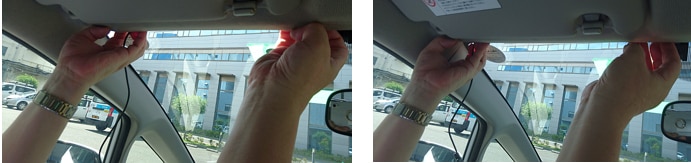 取付ブラケットの上からピラー（助手席の柱）まで配線を内張りの中に隠します。