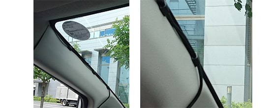 ピラー（助手席の柱）内に配線が入らない場合は、市販の配線止めでコードを固定します