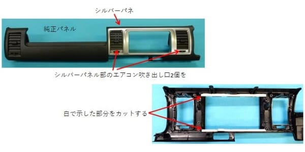 写真：トヨタ レジアスエース (スーパーGL標準ボディ)にナビを取り付ける際のパネル加工方法です。