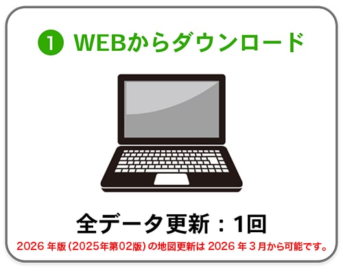 ➀WEBからダウンロード 全データ更新：1回 2026年版（2025年第02版）の地図更新は2026年3月から可能です。