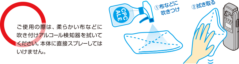 ご使用の際は、柔らかい布などに吹き付けアルコール検知器を拭いてください。本体に直接スプレーしてはいけません。